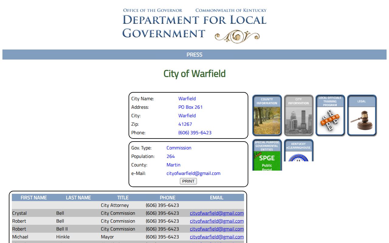 Kentucky Department for Local Government Warfield city record