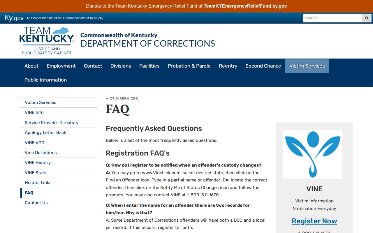 Kentucky Department of Corrections VINE frequently asked questions page