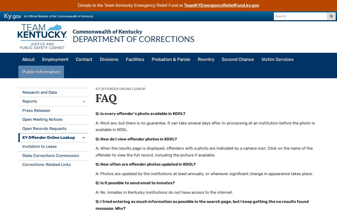 Kentucky Department of Corrections KOOL search and photo guidance