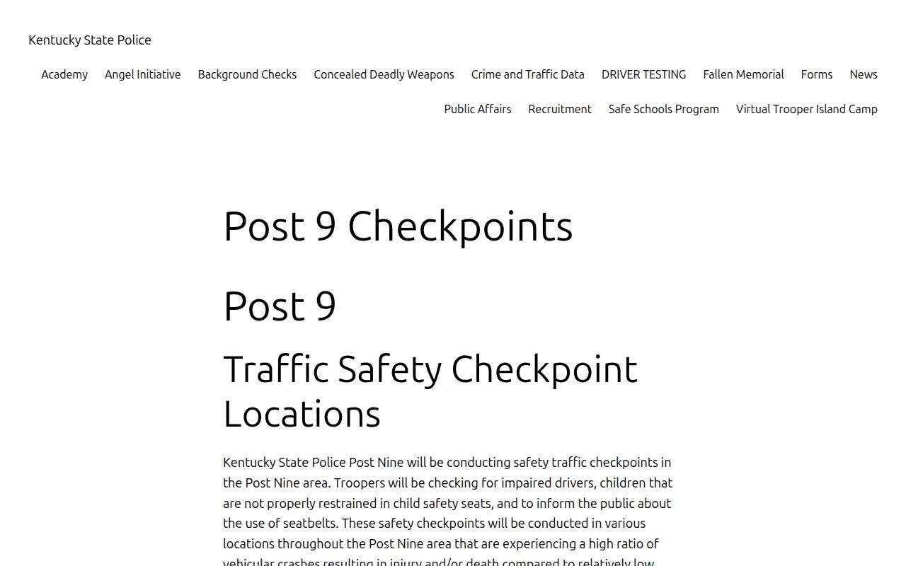 Kentucky State Police Post 9 checkpoint location notice